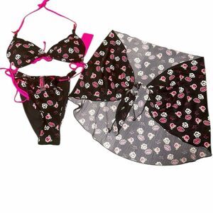 BETSEY JOHNSON 3 piece tie bikini Set Pink‎ Black New
